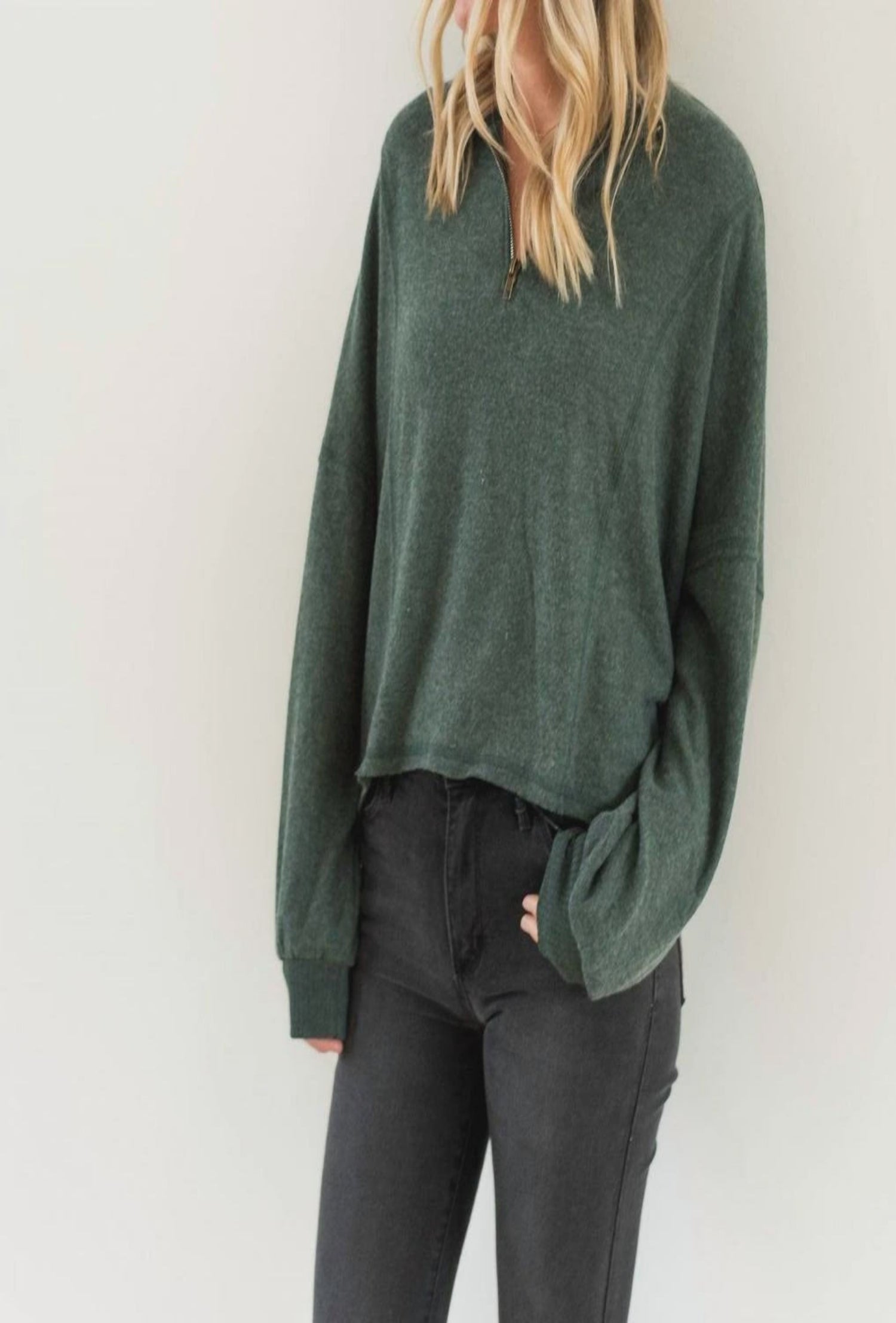 Ada Cozy Heathered Half Zip Long Sleeve - Midnight Emeral