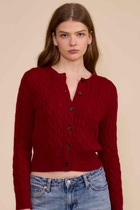 Delia Cable Knit Cardigan - Deep Merlot