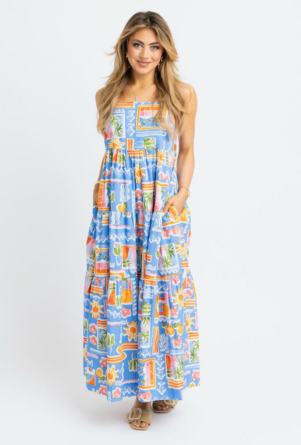 Santorini Scoop Neck Tier Maxi Dress - Blue
