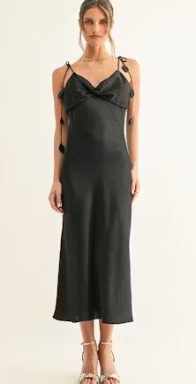 Emmy Twisted Chest Bias Midi Slip Dress - Black