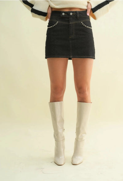 Pearl Pocket Detail Denim Skirt - Black Denim