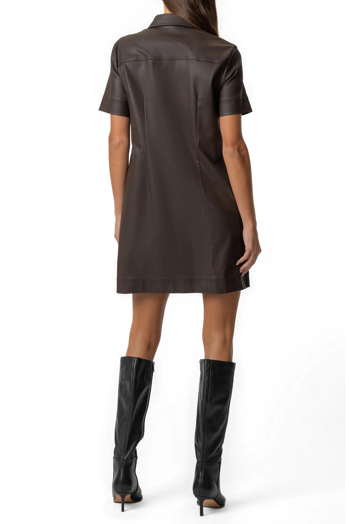 Tatiana Coated Denim Dress W / Placket  - Chocolate