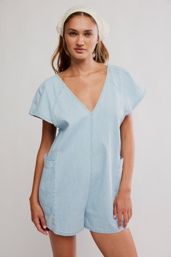 Free Fall Denim Romper - Water