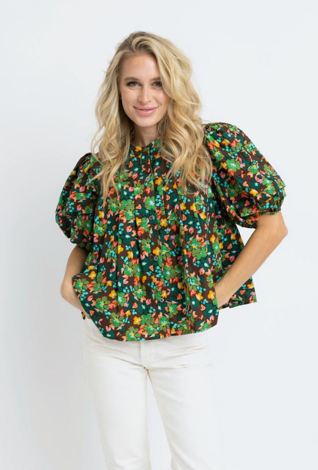 Floral Pleat Short Sleeve Top - Brown