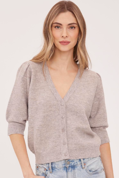 Hildi V-Neck Button  Front Sweater - Heather Latte