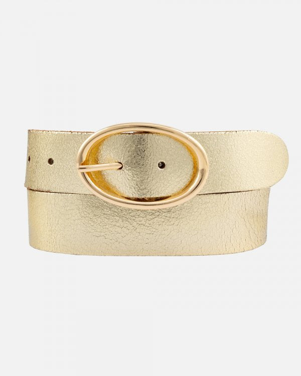 Chi Metallic Leather Belt with Sleek Oval Buckle - Gold