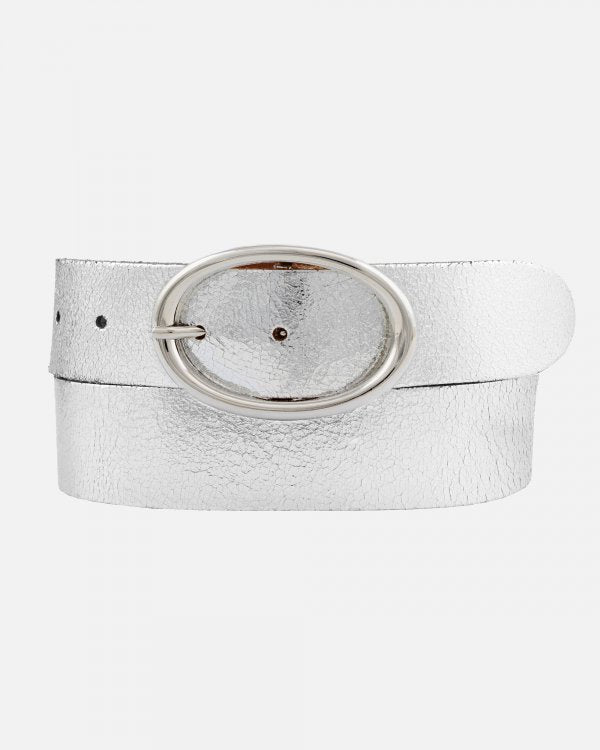 Chi Metallic Leather Belt with Sleek Oval Buckle - Silver