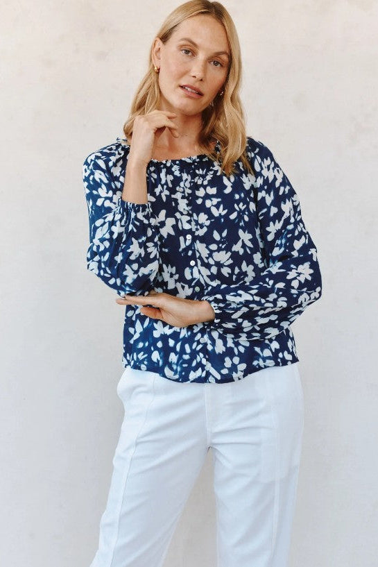 Ruffle Neck Raglan Button Down - Indigo Bloom