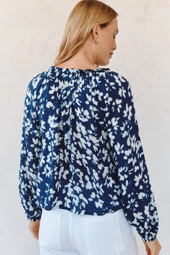 Ruffle Neck Raglan Button Down - Indigo Bloom