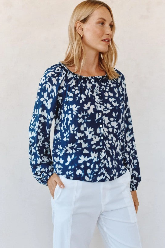 Ruffle Neck Raglan Button Down - Indigo Bloom