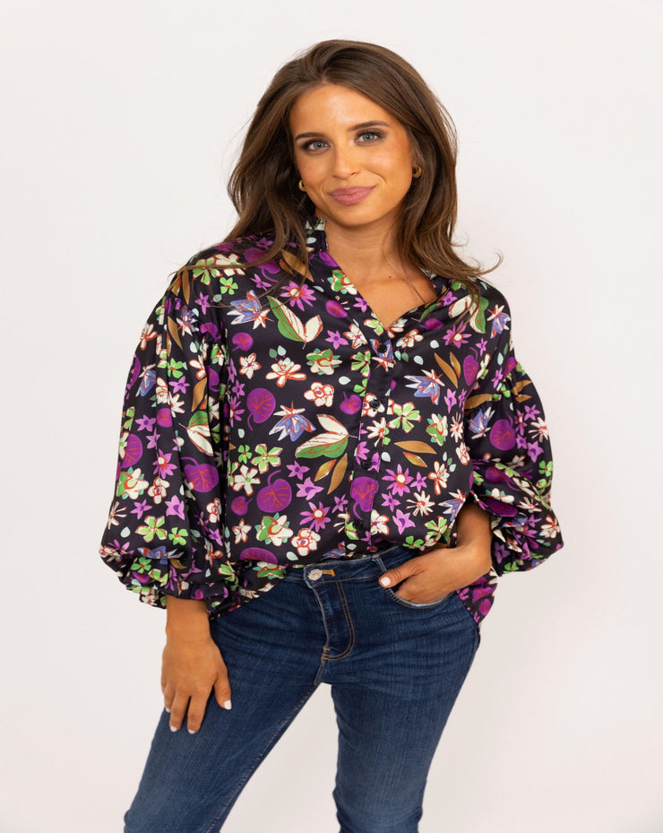 Floral Satin Button Puff Sleeve Top - Black