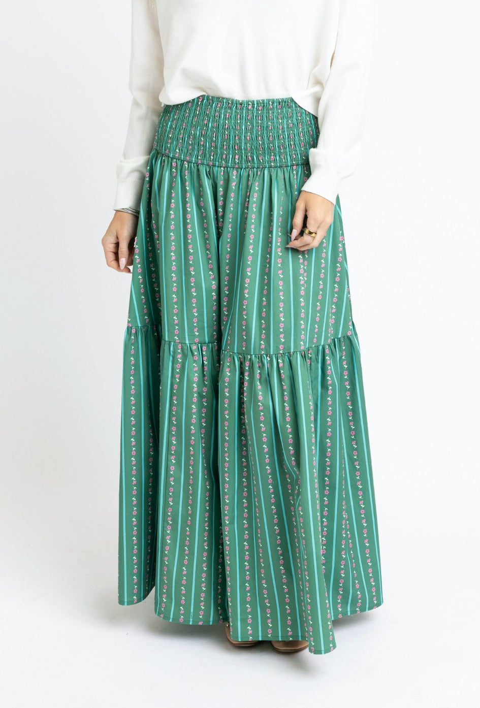 Floral Stripe Tier Smock Maxi Skirt - Green