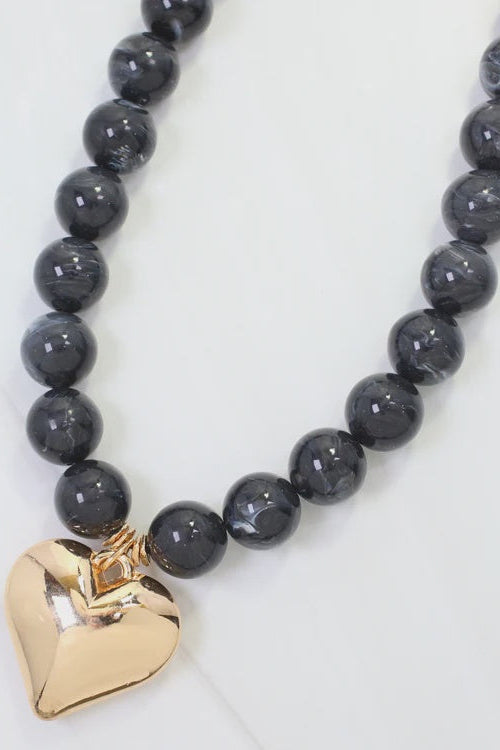 Marjorie Marble Beaded Heart Necklace - Black