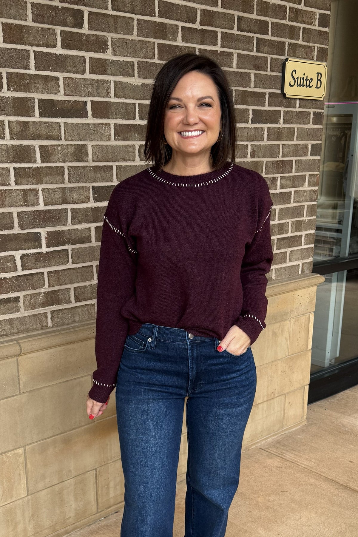 Millie Sweater With Contrast Stitches - Bordeaux
