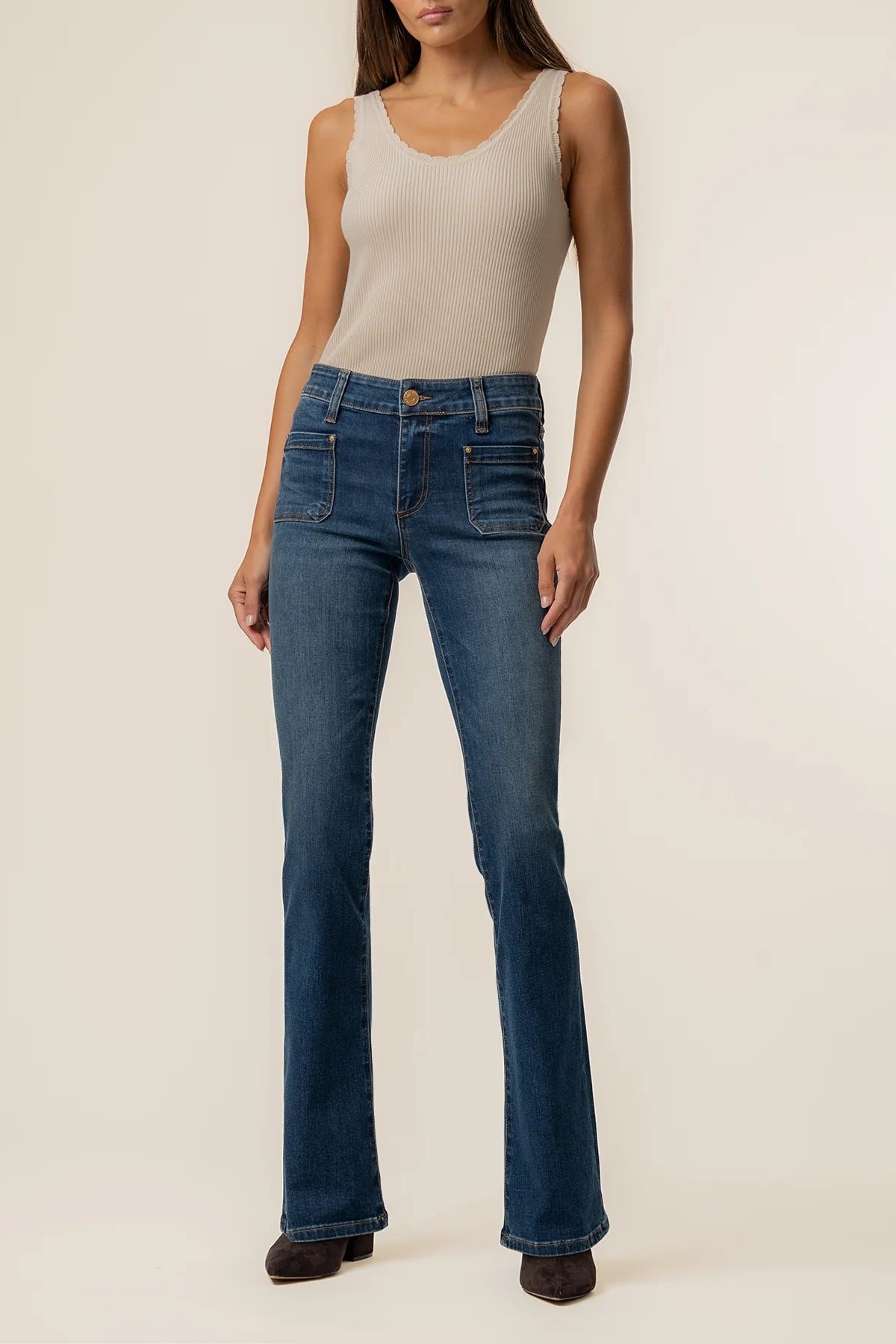 Natalie Mid Rise Flare Jean w/ Patch Pockets - Champ