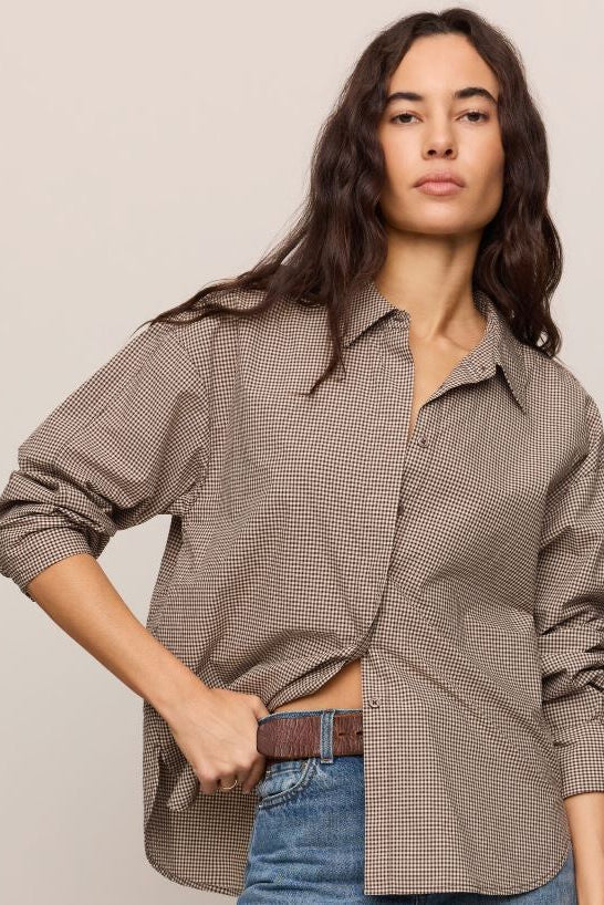 Z Supply: On Duty Gingham Button Up Top in Dark Chocolate