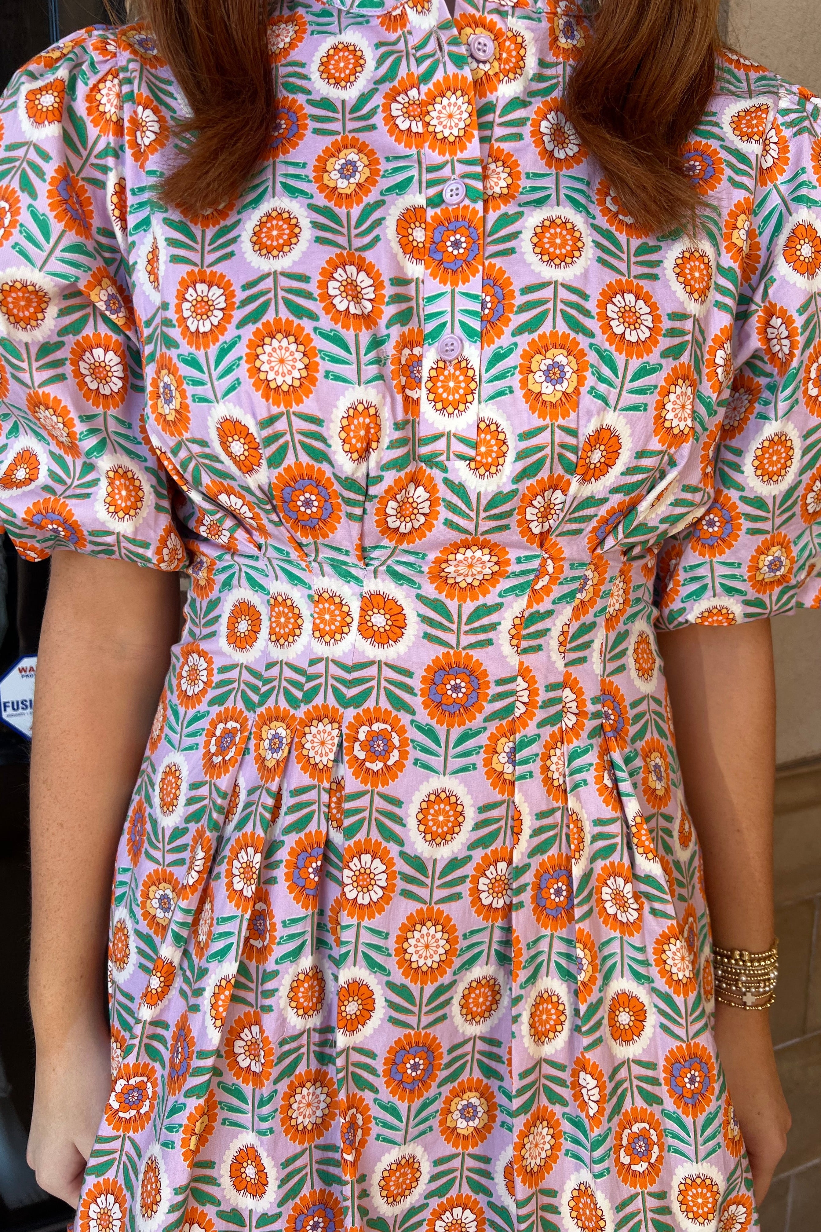 Floral Bubble Hem Poplin Dress - Lavender / Orange