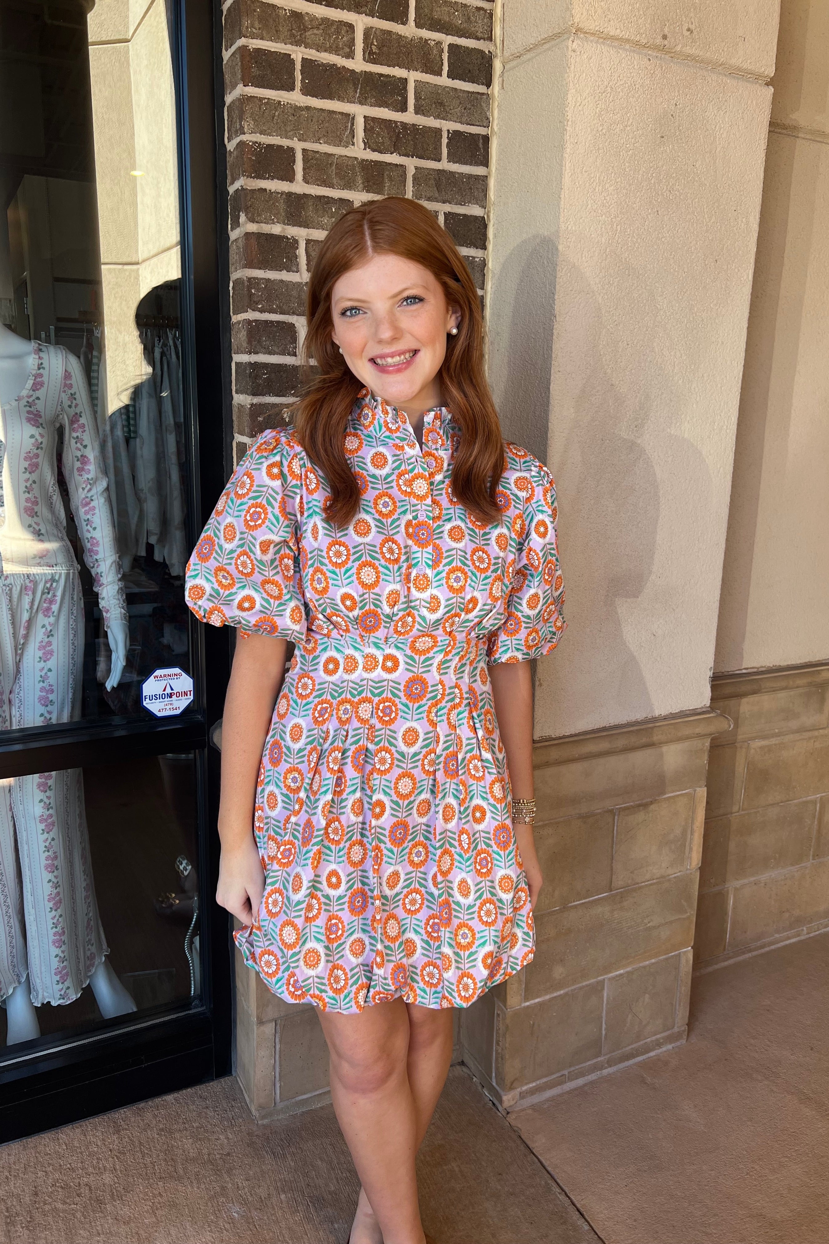 Floral Bubble Hem Poplin Dress - Lavender / Orange