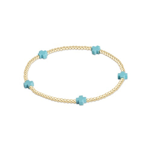 Signature Cross Small Gold Pattern 2mm Bead Bracelet - Turquoise