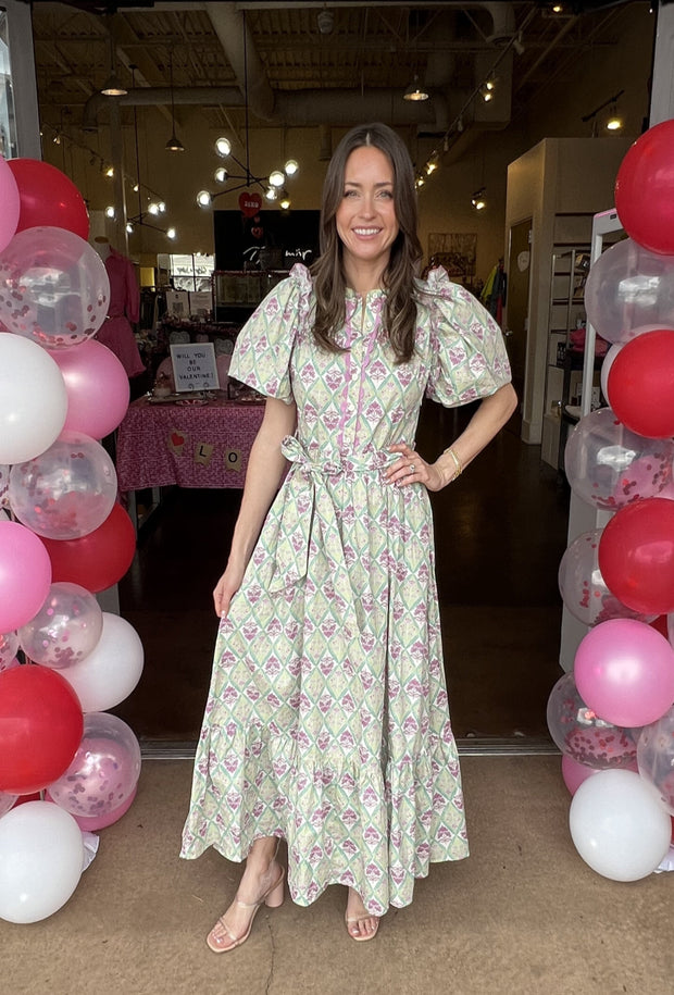 Paris Floral Button Tier Maxi Dress - Green