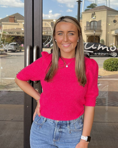 Short Sleeve Pearl Detail Sweater - Fuchsia