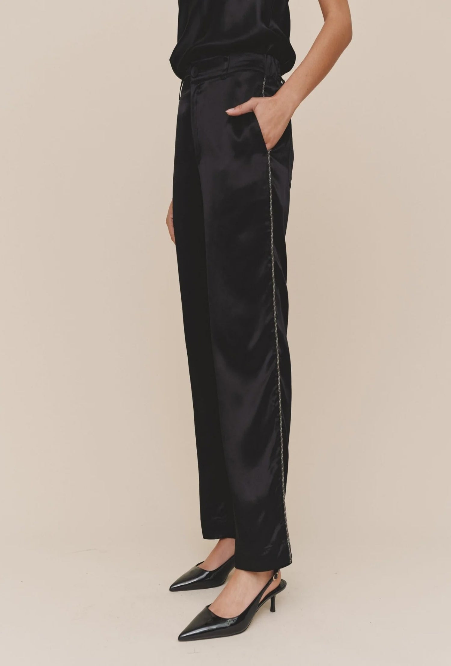 Trouser Pants Beaded Piping - Black