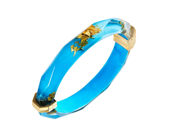 Turquoise Gold Leaf Thin Faceted Lucite Bangle