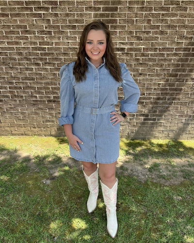 Denim Puff Sleeve Belted Dress - Blue