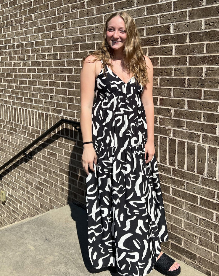 V-neck Printed Maxi Dress - Black