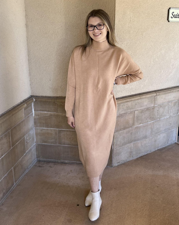 Rib Mock Neck Knit Sweater Dress - Caramel