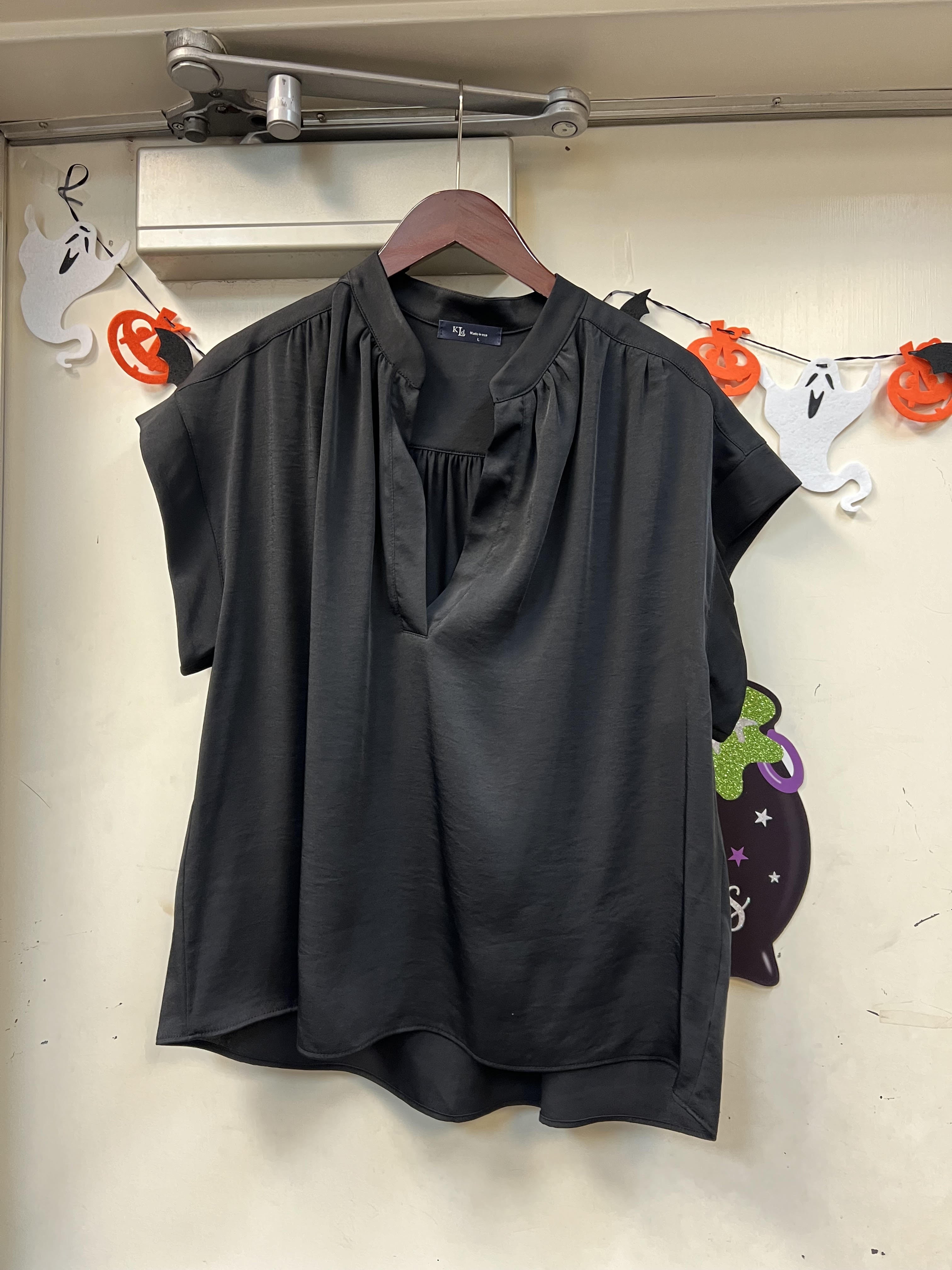 Satin V-Neck Pullover Blouse - Black