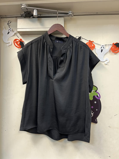 Satin V-Neck Pullover Blouse - Black