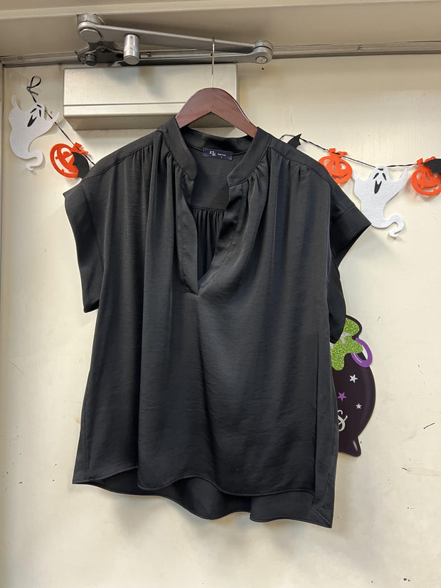 Satin V-Neck Pullover Blouse - Black