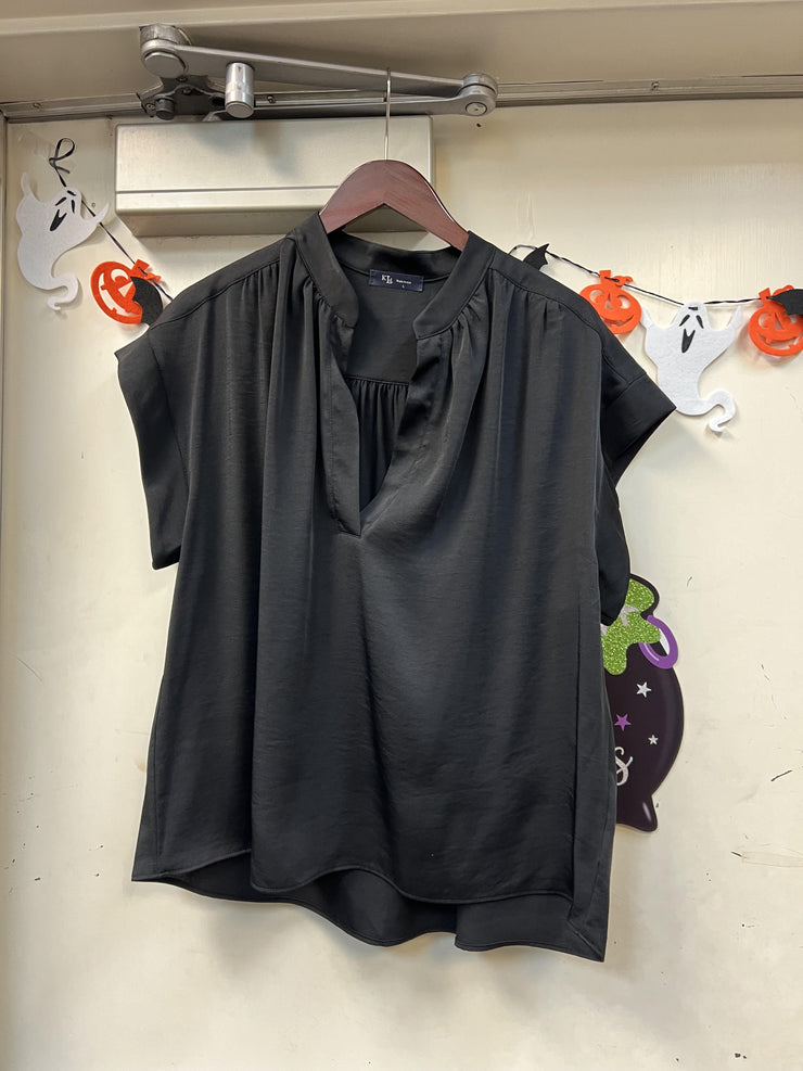 Satin V-Neck Pullover Blouse - Black