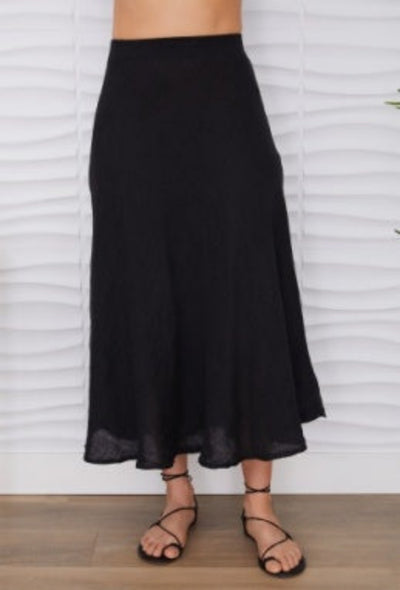 Crinkle Linen Midi Skirt - Black