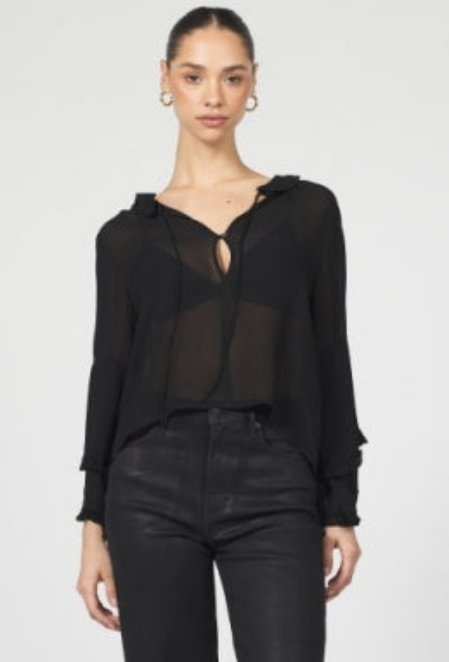 Long Sleeve Ruffle Sheer Top - Black