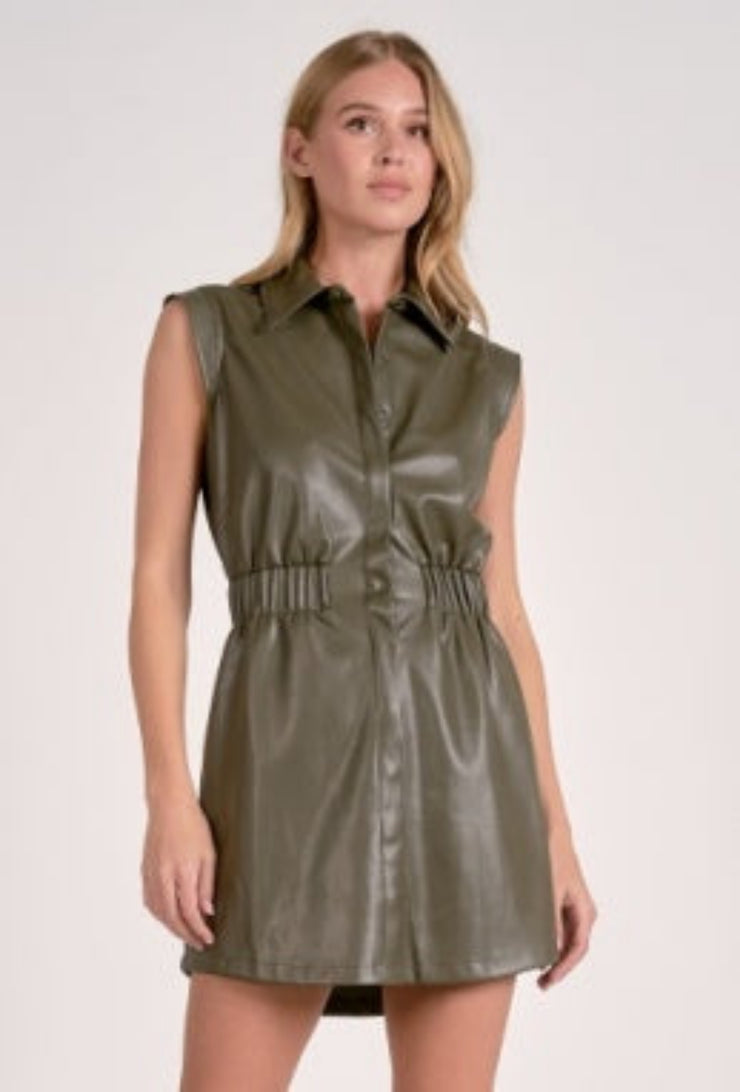 Sleeveless Pleather Mini - Pine