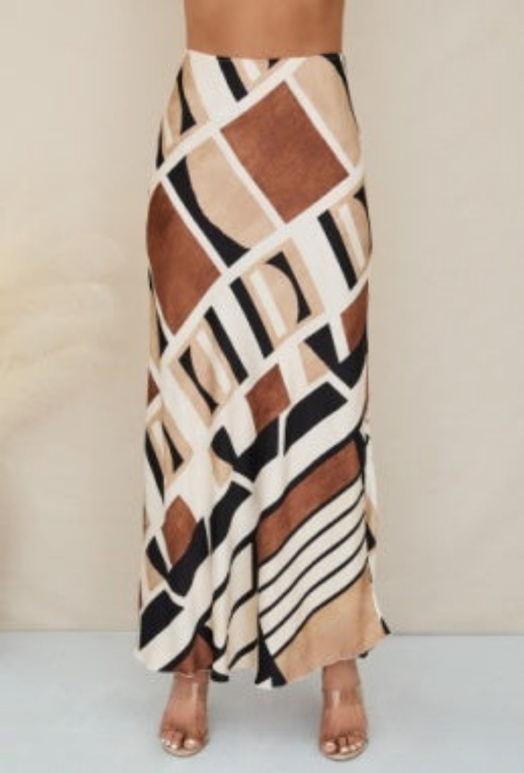 Geometric Multi Print Maxi Skirt - Cream/Camel