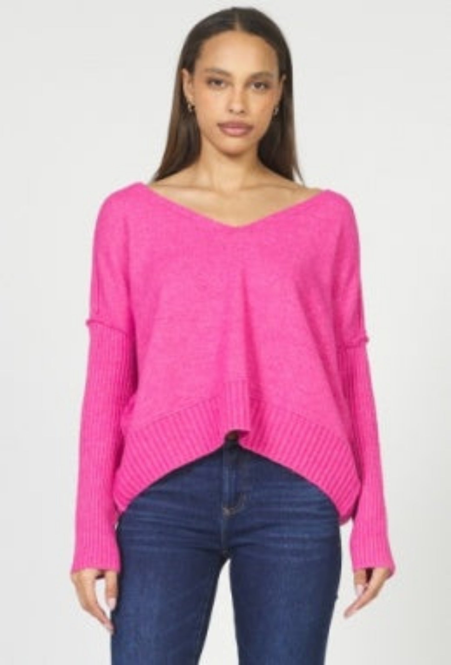 Clarette V Neck Sweater - Hot Pink