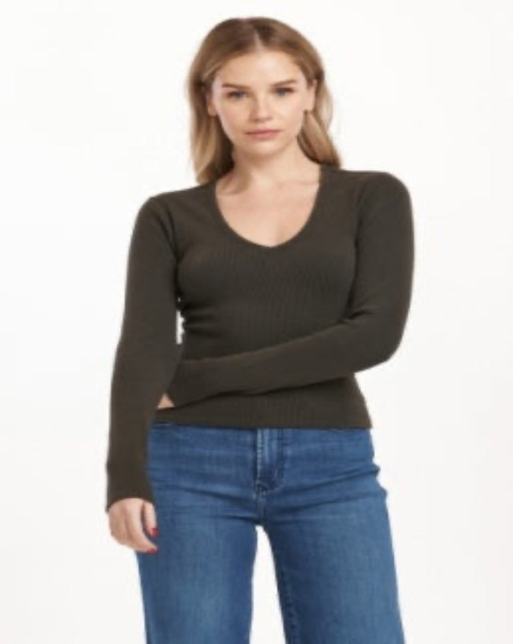 Marlowe Long Sleeve V-Neck Top - Dark Moss