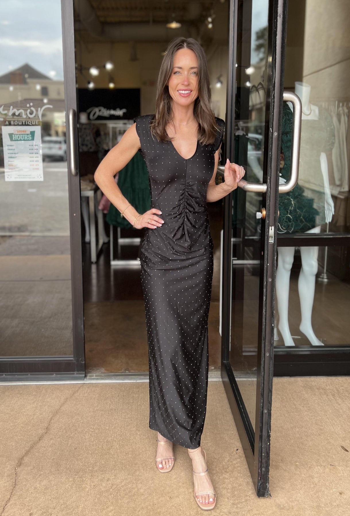 Silver Studded Short Sleeve Midi Dress - Black
