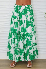 Palm Print Tiered Maxi Skirt - White/Green