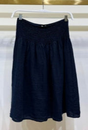 Shirred Linen A-Line Skirt - Navy Blue