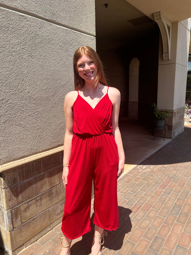 Cropped Surplice Jumpsuit - Red