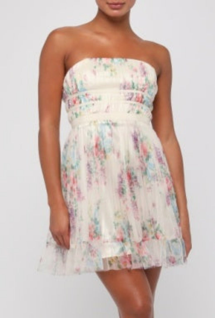 Calais Pleated Mini Dress - Ivory Floral