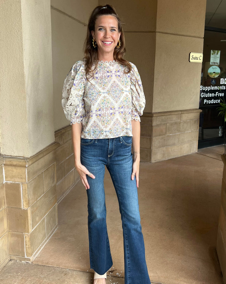 BoHo Floral Crochet Sleeve Top - Sand