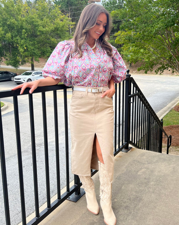 Paris Floral Puff Sleeve Ruffle Top - Vintage Blue