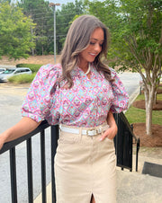 Paris Floral Puff Sleeve Ruffle Top - Vintage Blue