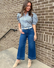 Stripe Puff Sleeve Ruffle Neck Top - Blue