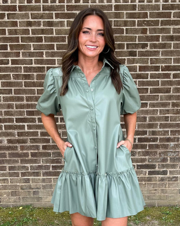 Solid Pleather Puff Sleeve Ruffle Dress - Sage